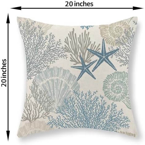 Nautical Coastal Pillow Covers 20x20 Set of 2 Blue Beach Themed Ocean Seashell - Image 2