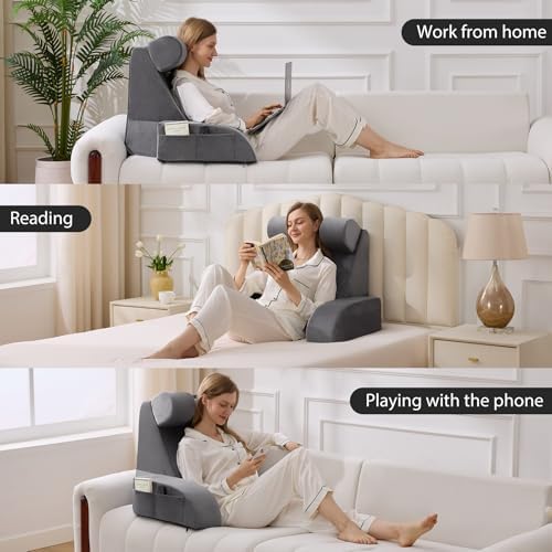 19" Reading Pillow for Bed Grey, Flip Headrest and Back Support - Image 4