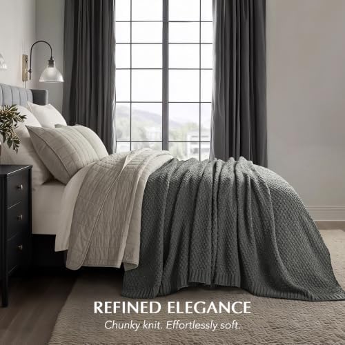 EVERGRACEHOME Chunky Chenille Knit Throw Blanket, 90 x 90, Charcoal Gray - Image 3
