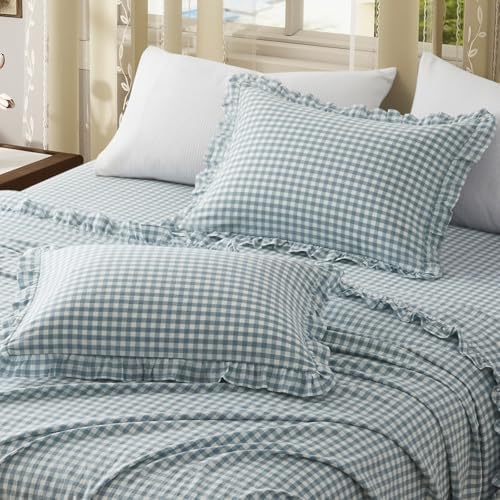 KKJIAF 2 Pcs Plaid Ruffle Pillow Case King Size, Dusty Blue Plaid - Image 4