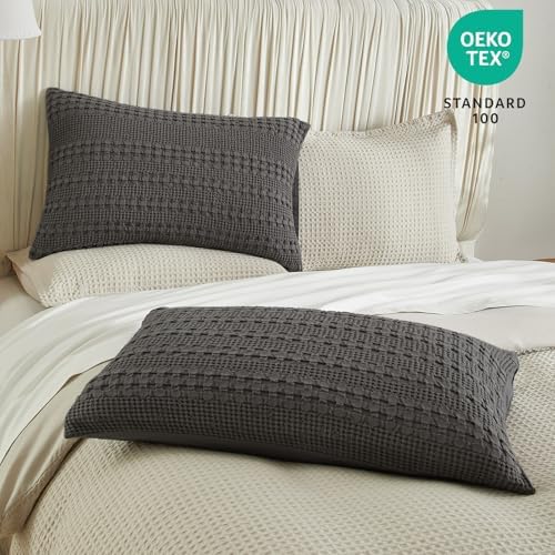 PHF 100% Cotton Waffle Pillow Shams Standard Size, 2 Pack 20" x 26" Soft - Image 3