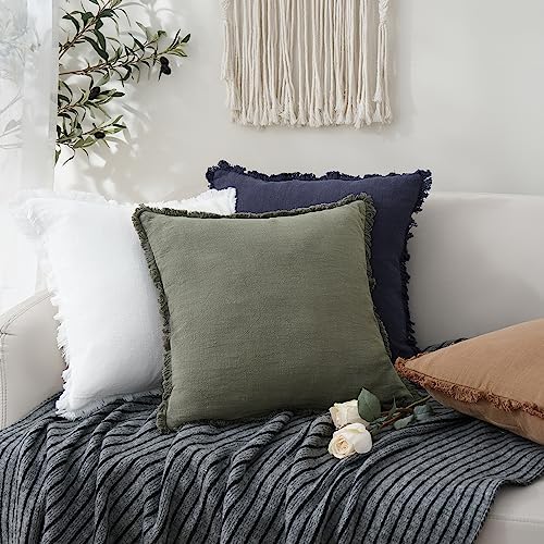 Foindtower Decorative Linen Fringe Throw Pillow Covers 16×16 Olive Green - Image 5