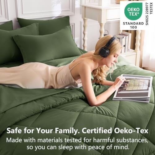 CozyLux Oversized King Comforter Set 120"x98", 7 Piece, Olive Green - Image 3