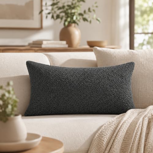 JoraLion 14x24 inch Boucle Lumbar Pillow Cover, Dark Grey Woven Texture Neutral by JoraLion