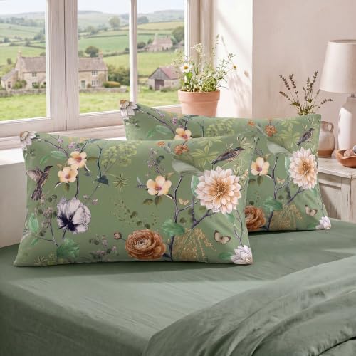 Bedorm 100% Cotton Pillowcases Set of 2 Queen Size Green Floral Pillow Cover - Image 3