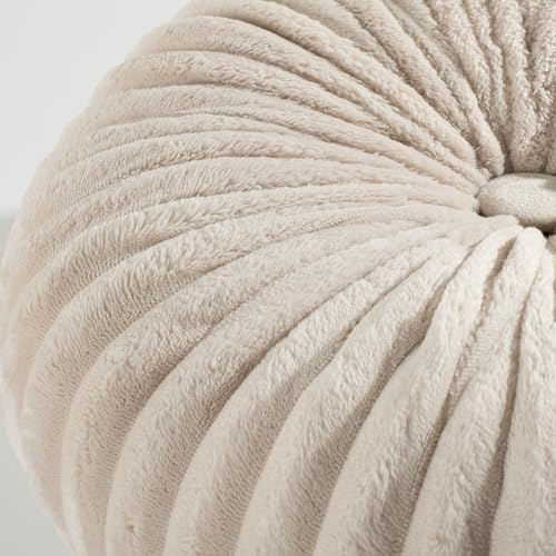 HIG Set of 2 Beige Flannel Decorative Round Pleated Throw Pillows - Image 4
