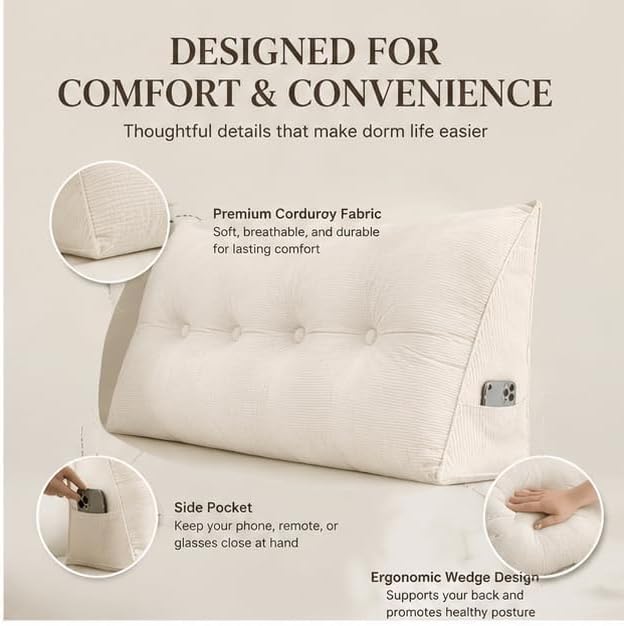 Dorm Bed Wedge Headboard Pillow Back Support Cushion，Beige：39.37x15.75in - Image 4