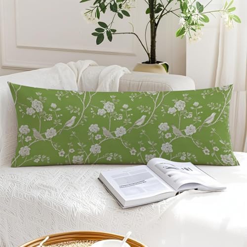 Sage Green Chinoiserie Cherry Blossom Bird 20x54 Body Pillow Cover, Vintage - Image 6