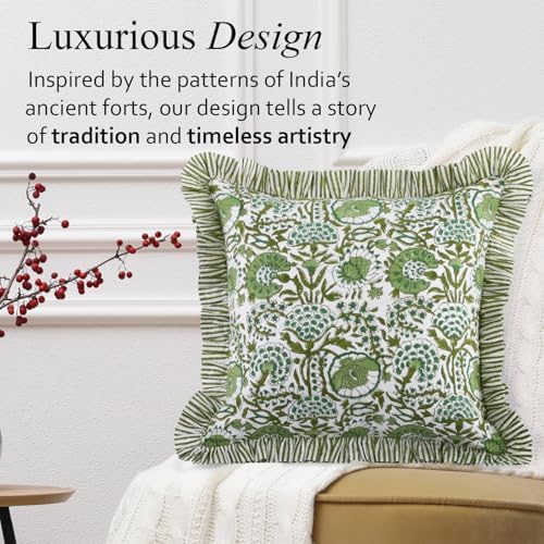 CPC Block Print Ruffle Throw Pillow Cover Agate Green 18"x18" - Image 4