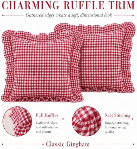 Gingham Throw Pillow Covers 18x18, Ruffle Trim - Image 5