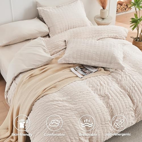 HYMOKEGE Beige California King Comforter Set Seersucker 7 Pieces, All Season - Image 4