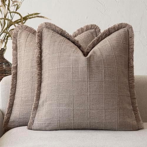 Foindtower Set of 2 Decorative Linen Check Fringe Throw Pillow Covers Farmhouse by Foindtower