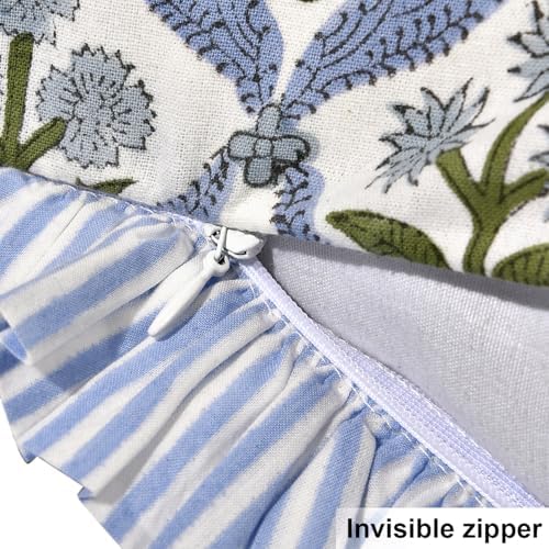 Ridhi Light Steel Blue Block Print Ruffle Pillow Covers 24x24 Inch Set of 2 - Image 3