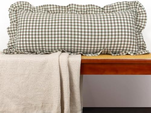 JoraLion Ruffled Lumbar Pillow Cover 14x36 Gingham Green by JoraLion