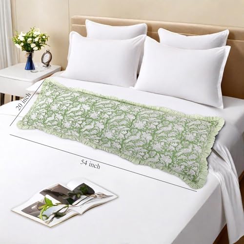 CPC Block Print Olive Green Ruffle Cotton Lumbar Pillow Cover 20x54 inch - Image 3