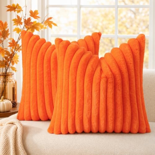 decorUhome Fall Faux Fur Throw Pillow Covers 26x26 Set of 2 Orange by decorUhome