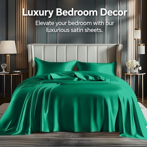 BEDELITE Satin Sheets King Size Bed Set, Dark Green, 4 Pieces - Image 2