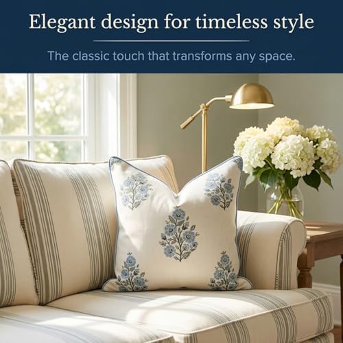 Jillien Harbor “The Camille” Floral Block Print Pillow Cover – Soft Blue and - Image 2
