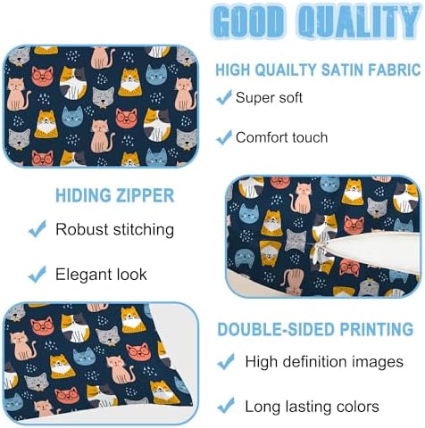 Body Pillow Cover with Zipper, Cute Colorful Cats on A Navy Blue Imitation Silk - Image 4