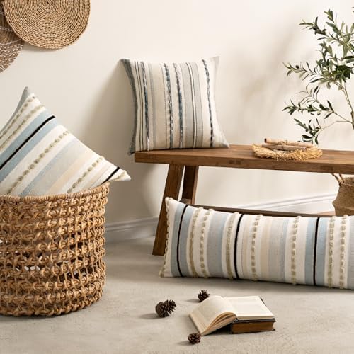 ANRODUO Boho Decorative Pillow Covers 14x36 Light Blue Stripe Pack of 1 - Image 3