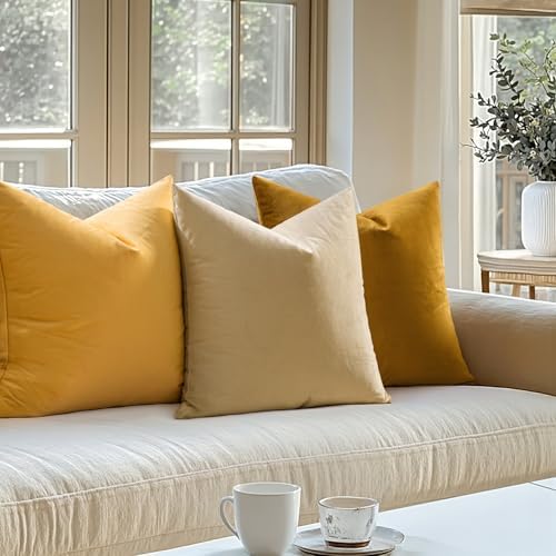 MIULEE 24x24 Inch Pack of 2 Euro Velvet Throw Pillow Covers Mustard Yellow - Image 3