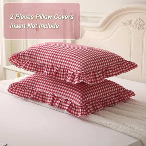 Silnuo Red/White Gingham Ruffle Pillow Covers Queen Size Set of 2 - Image 6