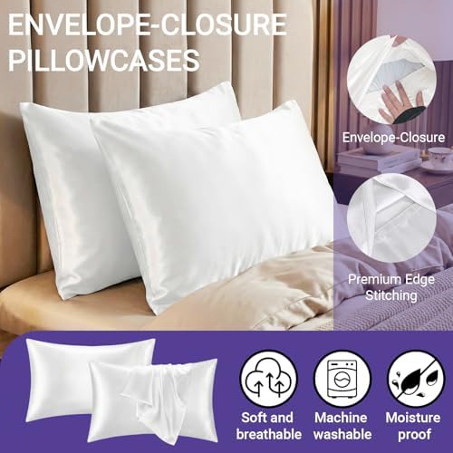 2 Pack Satin Pillowcases White Queen Size 20x30 Inch - Image 2