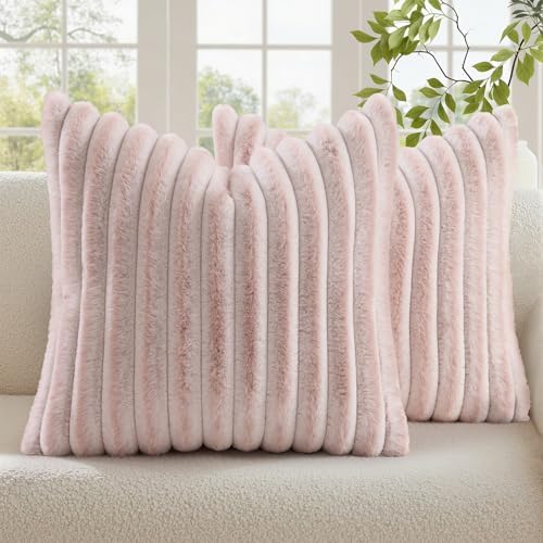 decorUhome Fall Faux Fur Throw Pillow Covers 18x18 Set of 2 Pink White by decorUhome