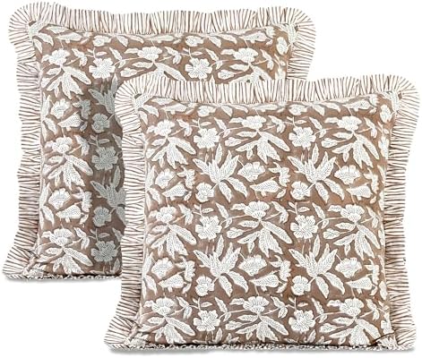 Ridhi Oak Brown Block Print Ruffle Pillow Covers 18x18 Inch Set of 2 by Ridhi