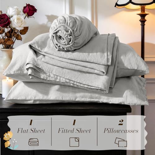 SONORO KATE 100% French Linen Cal King Size Sheets Set, Natural Flax Bedding - Image 7