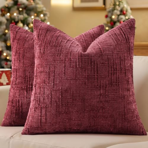 decorUhome Textured Chenille Throw Pillow Covers 18x18 Set of 2 Burgundy by decorUhome