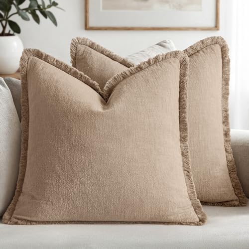MIULEE Boho Linen Fringe Decorative Euro Throw Pillow Covers Camel 26x26 by MIULEE