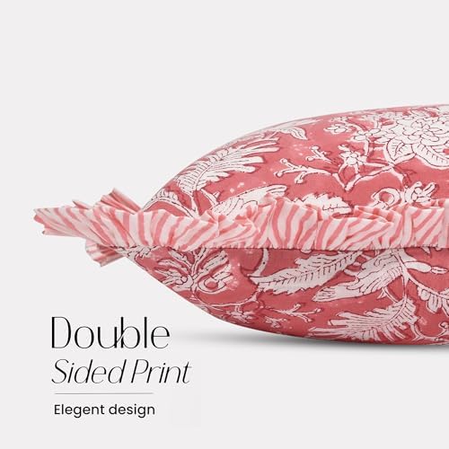 CPC Block Print Pink Coral Ruffle Cotton Lumbar Pillow Cover 12x20 inch - Image 2