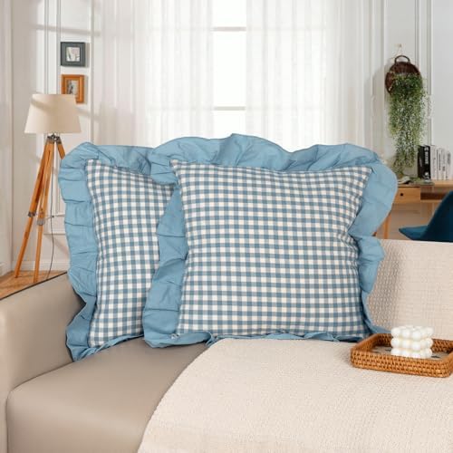 JoraLion Ruffled 20x20 Pillow Cover Gingham Smoke Blue Solid Edge by JoraLion