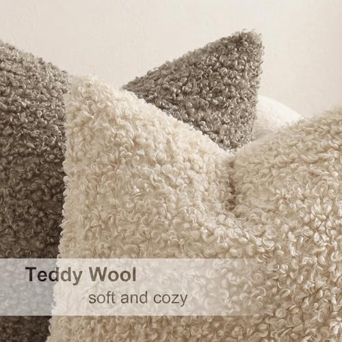 decorUhome Sherpa Throw Pillow Covers 16x16 Set of 2 Neutral Oatmeal - Image 4