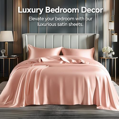 BEDELITE Satin Sheets Full Size Bed Set, Coral Pink, 4 Pieces - Image 2