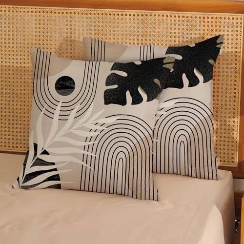 Boho Black Pillow Covers 18x18 Inch Set of 2 Black BeigeTropical Leaf Decor Mid - Image 3