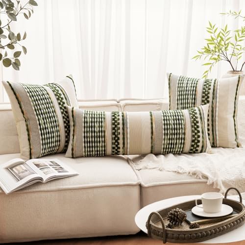ANRODUO Boho Decorative Pillow Covers Olive Green Stripe 14x36 Pack of 1 - Image 2