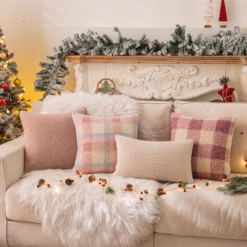 AQOTHES Pink White Plaid Christmas Throw Pillow Covers 18x18 Inch Set of 2 - Image 3
