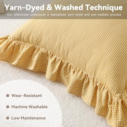 Gingham Throw Pillow Covers 18x18, Mustard/White, Ruffle Trim - Image 4