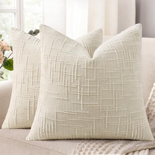 decorUhome Textured Chenille Throw Pillow Covers 16x16 Set of 2 Light Cream by decorUhome