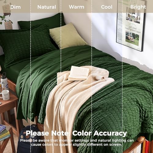 HYMOKEGE Dark Green Twin Comforter Set Seersucker 5 Pieces, All Season Luxury - Image 5