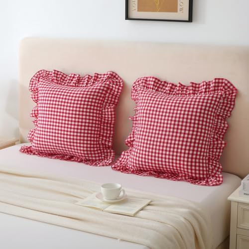 Silnuo Red/White Gingham Ruffle Throw Pillow Covers Set of 2 - Image 2