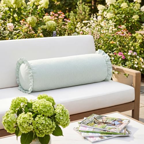 Ruffle Bolster Pillow Cover 8" x 20" Green Stripes Print - Image 3