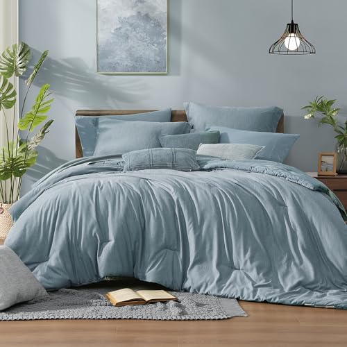 Monbix Full Comforter Set 7 Pieces Dusty Blue Cationic Dyeing Bed in a Bag by Monbix