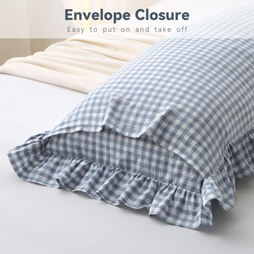 Dusty Blue Gingham Body Pillow Cover 20x54, Ruffled Cotton Sham - Image 6