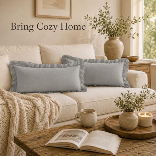 JoraLion Ruffled Throw Pillow Cover 12x20 Solid Light Gray - Image 2