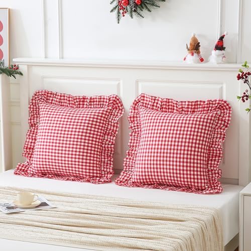 26x26 inches Red/White Gingham Pillow Cover 2 Pack 100% Washed Cotton - Image 2