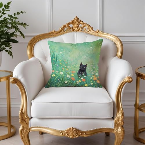 Floral Black Cat Pillow Covers 18x18, Cats Lovers Lady Gifts, Cat Gifts - Image 2