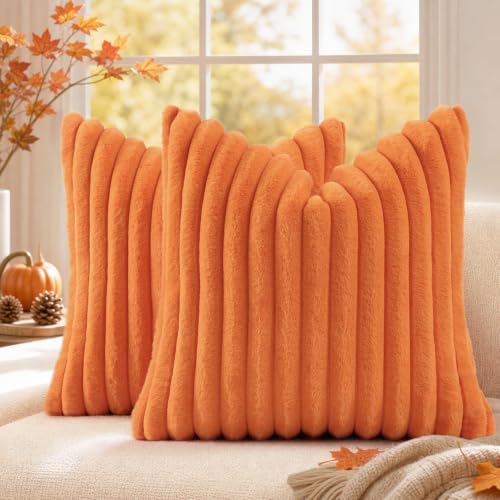 decorUhome Fall Faux Fur Throw Pillow Covers 26x26 Set of 2 Pumpkin Orange by decorUhome